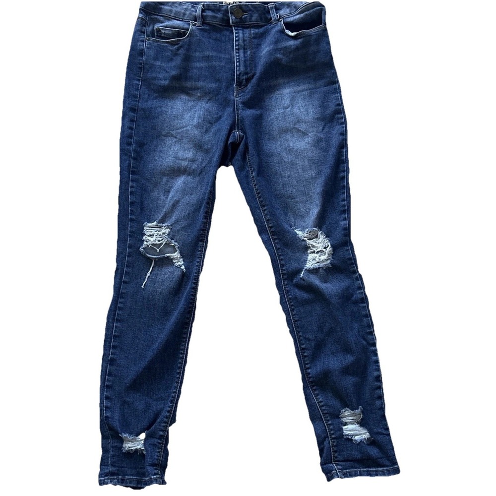 Indigo Rein Jeans Womens Size 13 Waist 30 Blue Denim Stretch Distressed Zip(124)